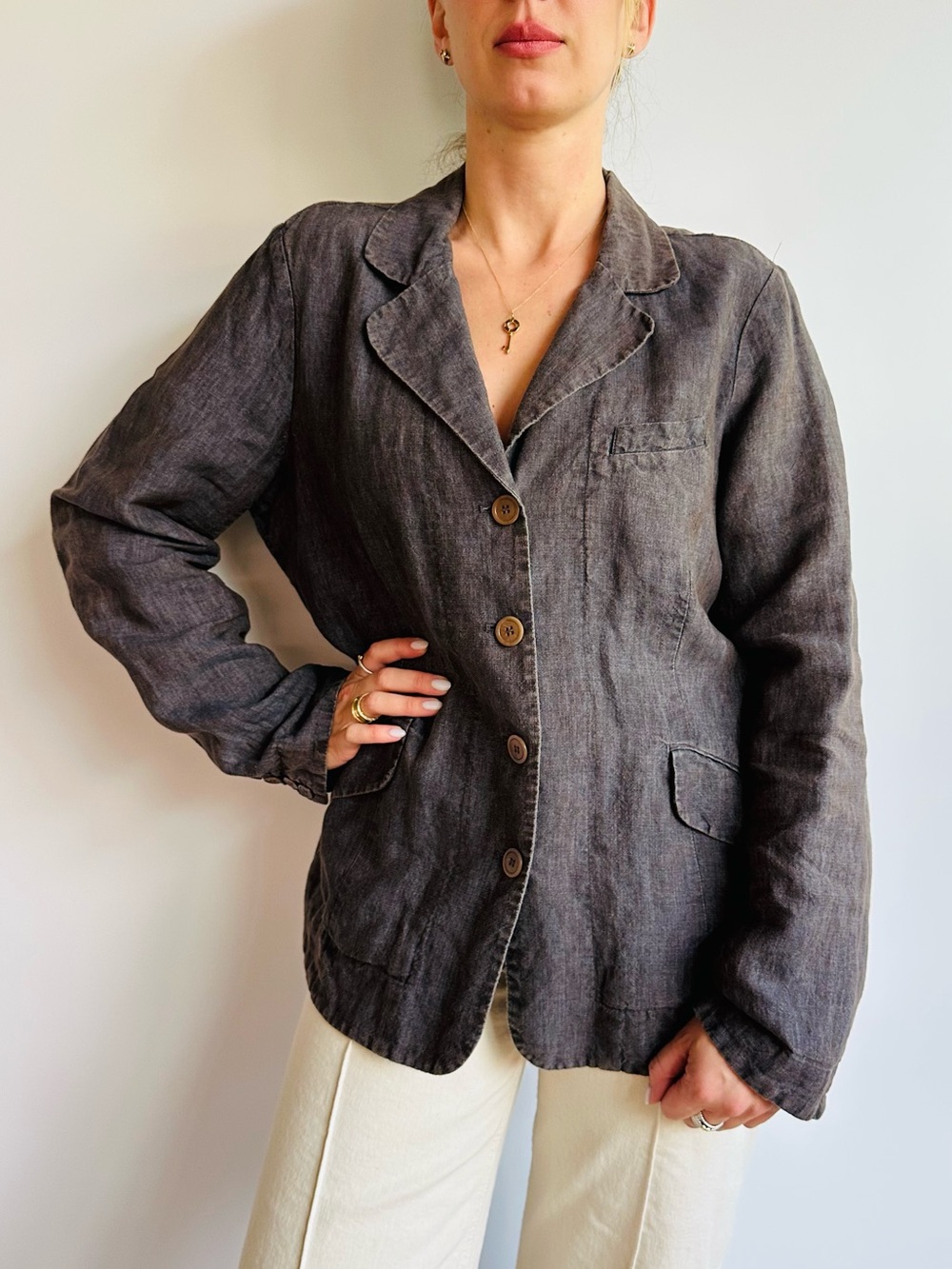 Eileen Fisher 100% Linen Blazer Jacket Brown Button Front Lightweight Boho